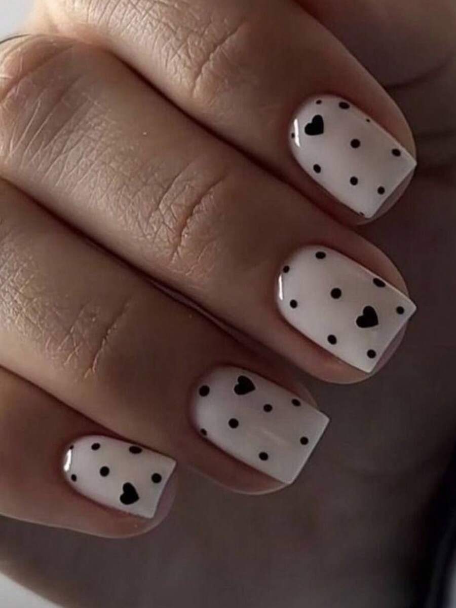 24pcs Cute Square Press-On Nails, White Short Nails & Black Heart Nails, Valentine's Day Manicure - Multicolor - View 1