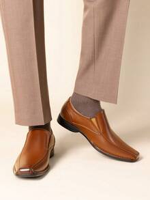Men's Dress Shoes Formal Square Toe Slip On Loafers Leather Shoes - Brown - View 3