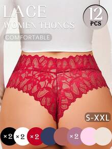 12-Piece Set Of Solid Color Lace Floral Cutout Sexy And Comfortable Women's Briefs, Perfect For Valentine's Day, And Also Suitable For Everyday Autumn, Winter, Spring, And Summer Wear. - 彩色 - 查看 1