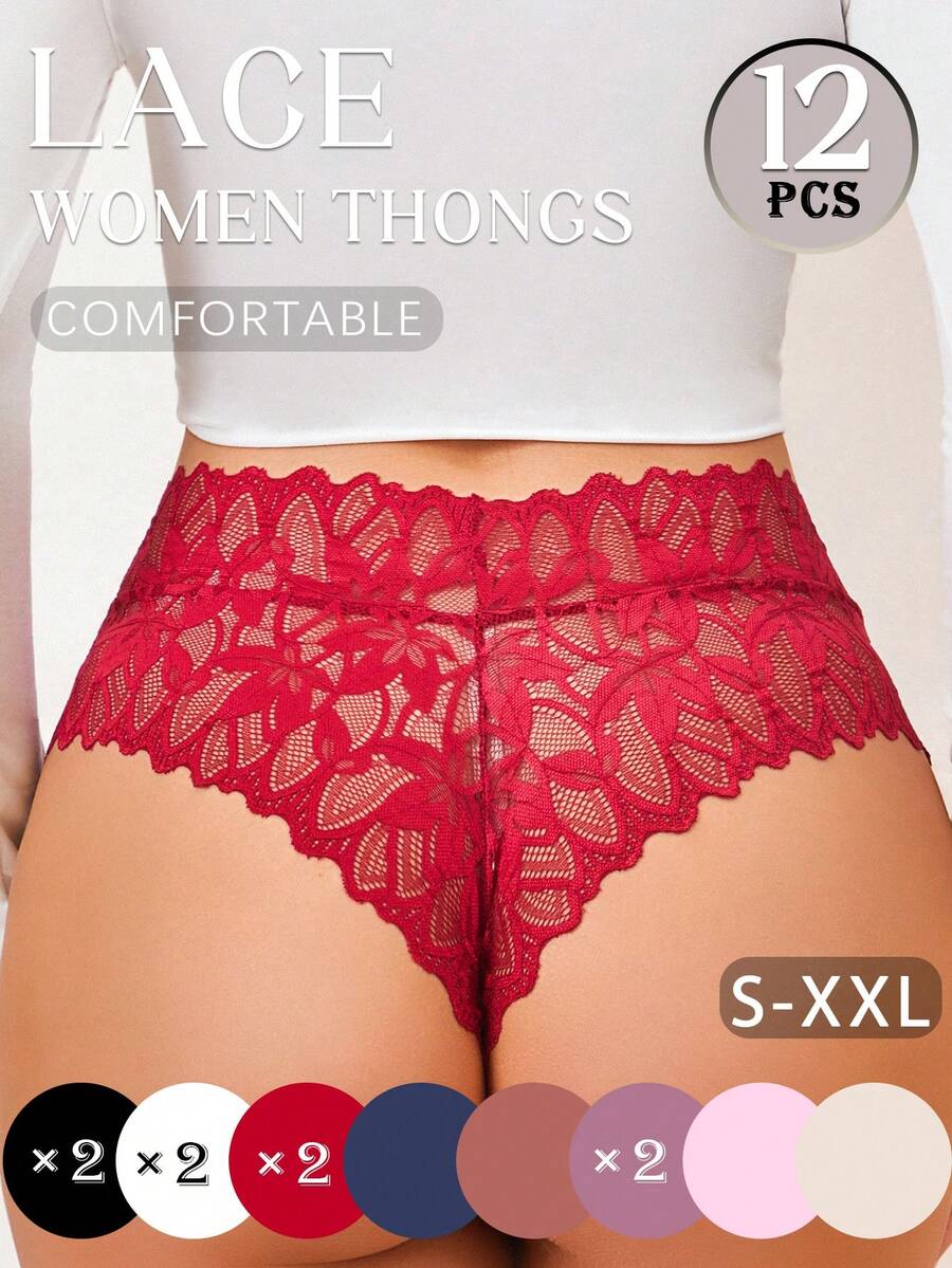 12-Piece Set Of Solid Color Lace Floral Cutout Sexy And Comfortable Women's Briefs, Perfect For Valentine's Day, And Also Suitable For Everyday Autumn, Winter, Spring, And Summer Wear. - 彩色 - 查看 1