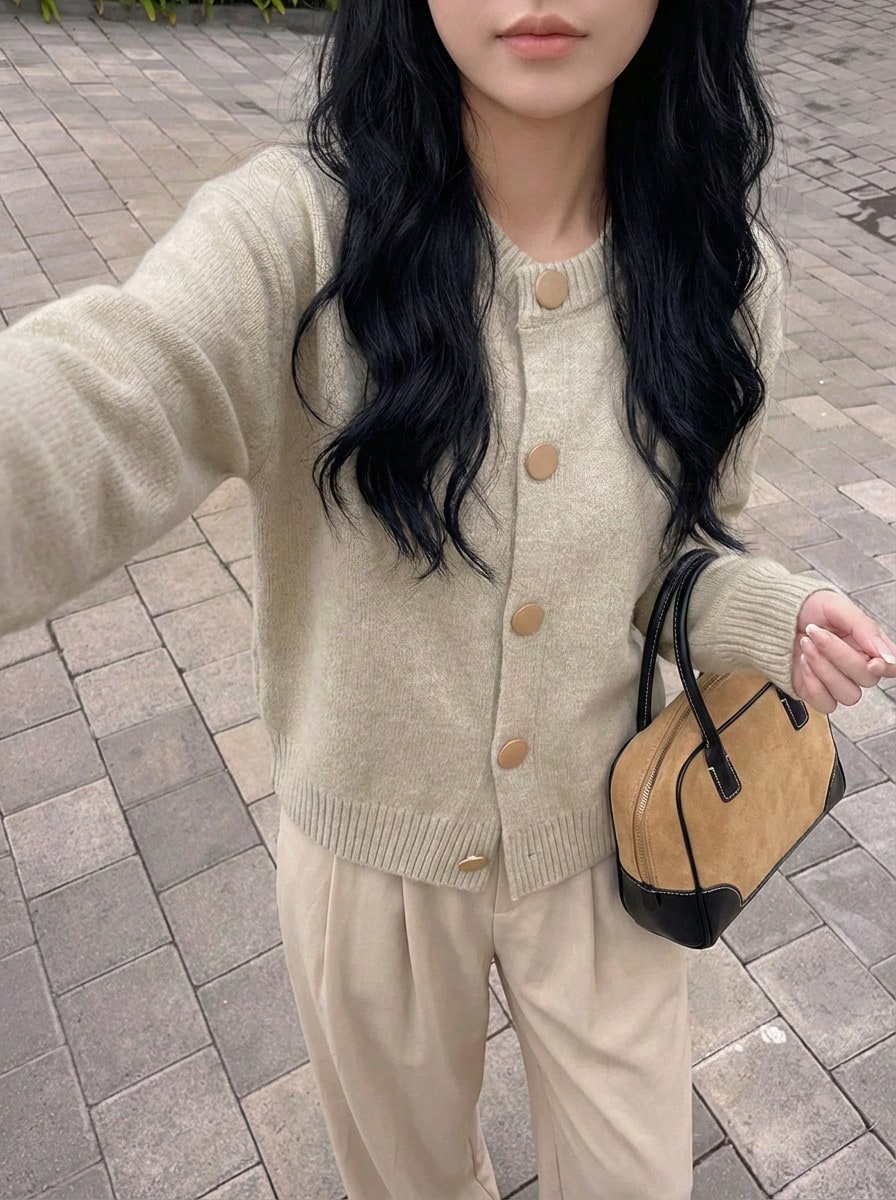 Classic Minimalist V-Neck Single-Breasted Drop Shoulder Long-Sleeved Cardigan, Versatile,Long Sleeve Tops Winter - Beige - View 1