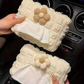 1 Piece Of Car Tissue Box Bracket - Cream-Colored Textured Nylon, Featuring Decorative Flowers, Armrests Or Sunshade Mounting Seats, Suitable For A Fashionable And Practical Tissue Storage Unit For All Vehicles, Hanging Tissue Box | Flower Embellishment | Textured Design