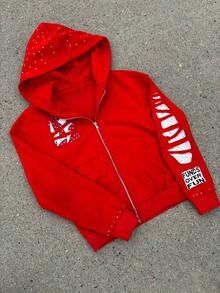 New Y2K American Street Hip-Hop Rock Style Letter Embroidered Hot Diamond Loose Zipper Hooded Sweater - Red - View 1