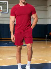 Men's Short Sleeve Sports Set Quick Dry Gym Workout 2 Piece T - Shirt & Shorts Stretchy Tracksuit,Men's 2 Piece Athletic Set Short Sleeve Moisture - Wicking Gym Shorts Breathable Running Tracksuit,Men's Casual Streetwear 2 Piece Set Short Sleeve T - Shirt & Shorts Stretchy Athletic Tracksuit - 紅色 - 查看 10