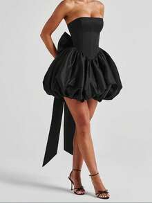 LUNA Vestido sin tirantes negro/rosa para mujer con lazo en la espalda, vestido sin tirantes, minifalda, adecuado para bailes de graduación, fiestas de cumpleaños y fiestas de música. - Negro - Ver 5