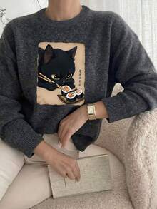 Große Größen Pullover mit Katzen-Muster, Rundhalsausschnitt, lässig für Herbst/Winter