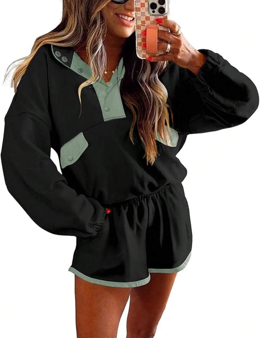 Womens Color Block Two Piece Sets Long Sleeve Oversized Sweatshirts Pullover And Shorts Set Matching Sets With Pockets, 2025 JJYR - 黑色 - 查看 1