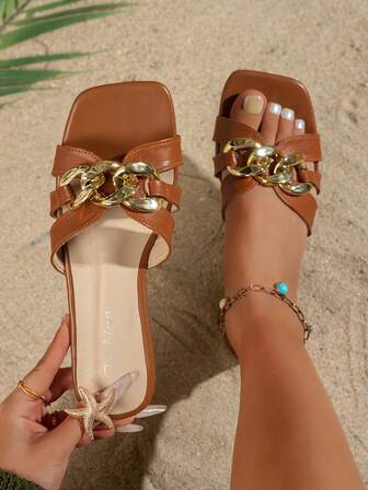 Women's Brown Square Open Toe Luxury Fashion Versatile Party Slide Sandals With Gold Chain Decor - Comfortable Latex Insole Flat Mules, Retro Boho Style, Suitable For Beach, Recommended By Influencers, Minimalist French Style Flat Sandals