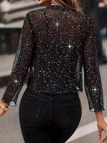 Plus Size Women's Elegant Casual Vacation Sequin Cardigan, Regular Length, Slightly Stretchy Semi-Sheer Fabric, Beautiful For Outings, Suitable For Spring, Summer And Autumn - Black - View 5