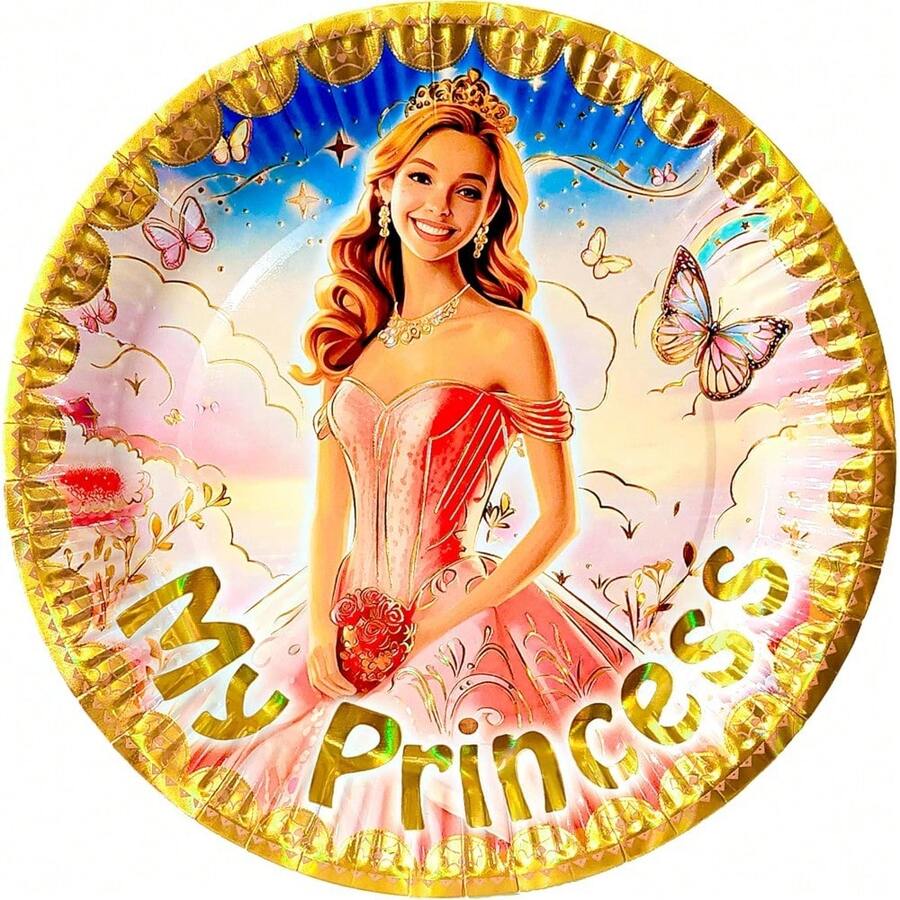 50 Pz Plato Cartón Premium Pastelero Happy Birthday Hb Rojo Confeti Oro - Mi princesa XV - Ver 1
