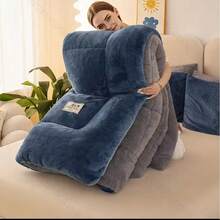 新款加厚双面雪花绒牛奶绒保暖格子被，适合各种节日和卧室风格，易于清洁，防静电，纯色深色耐脏轻便，单人/双人尺寸可选，适合宿舍、酒店和卧室使用。 - 藏青藍 - 查看 6