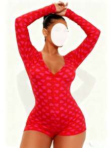 Womens Valentine's Day .Y Romper Y2k Heart V-Neck Shorts Jumpsuit One Piece Bodysuit Pjs Galentine  Pajama - 紅色 - 查看 1