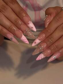Bộ móng tay giả acrylic Y2K Star 24 chiếc hình nơ hologram cỡ trung bình, móng giả 3D màu hồng với phụ kiện ngôi sao/kim cương mạ crôm, thích hợp cho tiệm nail, sử dụng hàng ngày cho bé gái và phụ nữ/tiệc tùng/làm quà tặng. - Nhiều màu - Xem 1