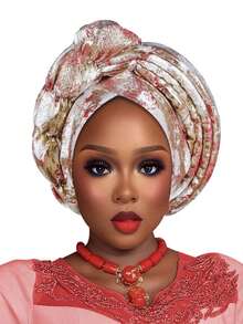 1pc Fashion African Autogele Headtie Nigeria Women Head Wraps Already Made Wedding Geles (Red) Hair Sleep Cap - Multicolor - View 9