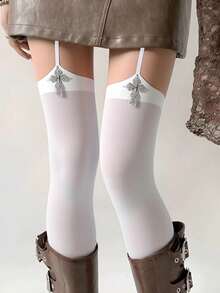 Women's 3D Criss-Cross Suspender Over-The-Knee Socks Lolita Velvet Solid Black & White Thigh High Socks, Y2K Style, Comfortable Long Socks, Home Gift, Romantic Couple - Multicolor - View 3