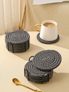 8 件套杯垫套装，带收纳架，简约编织桌面杯垫，耐热厨房餐桌杯垫，加厚隔热垫，4 色吸水杯垫套装，家居装饰桌面保护垫，适用于各种杯子，4.3 英寸 - 黑色 - 查看 2