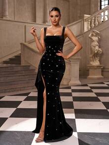 Đầm maxi ôm sát cơ thể xẻ cao, hở lưng, đính đá lấp lánh dành cho nữ, chất liệu nhung. - màu đen - Xem 3