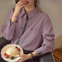 女士长袖条纹罗纹口袋纽扣衬衫 粉色 春季 - 粉色 - 查看 3
