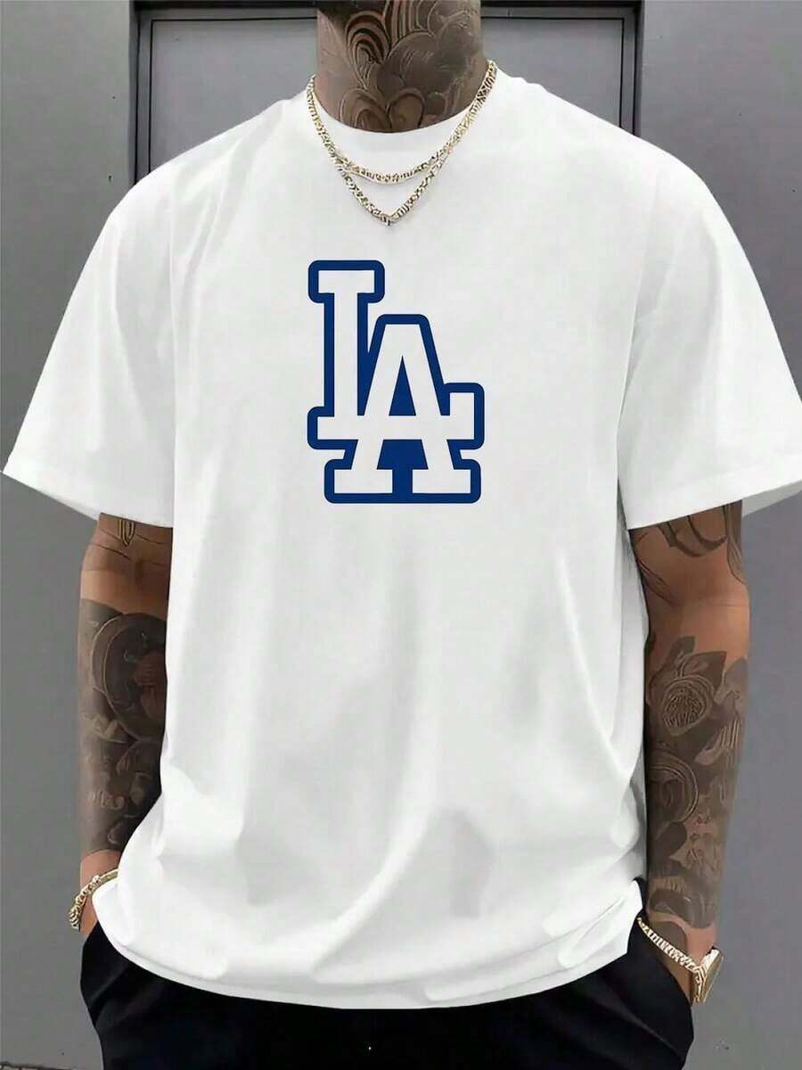 | Dodgers T-Shirt | High Five Hand Gesture | LA Letter Print | Must-Have Game Support T-Shirt For Baseball Fans | Breathable, Sweat-Wicking, And Cool, Perfect For Playing Baseball | Pure Cotton, Skin-Friendly, Digital Print, Baseball Style, Men's Casual T-Shirt, Sportswear Design, Urban Apparel, Men's Everyday Casual Top, Machine Washable - trắng - Xem 1