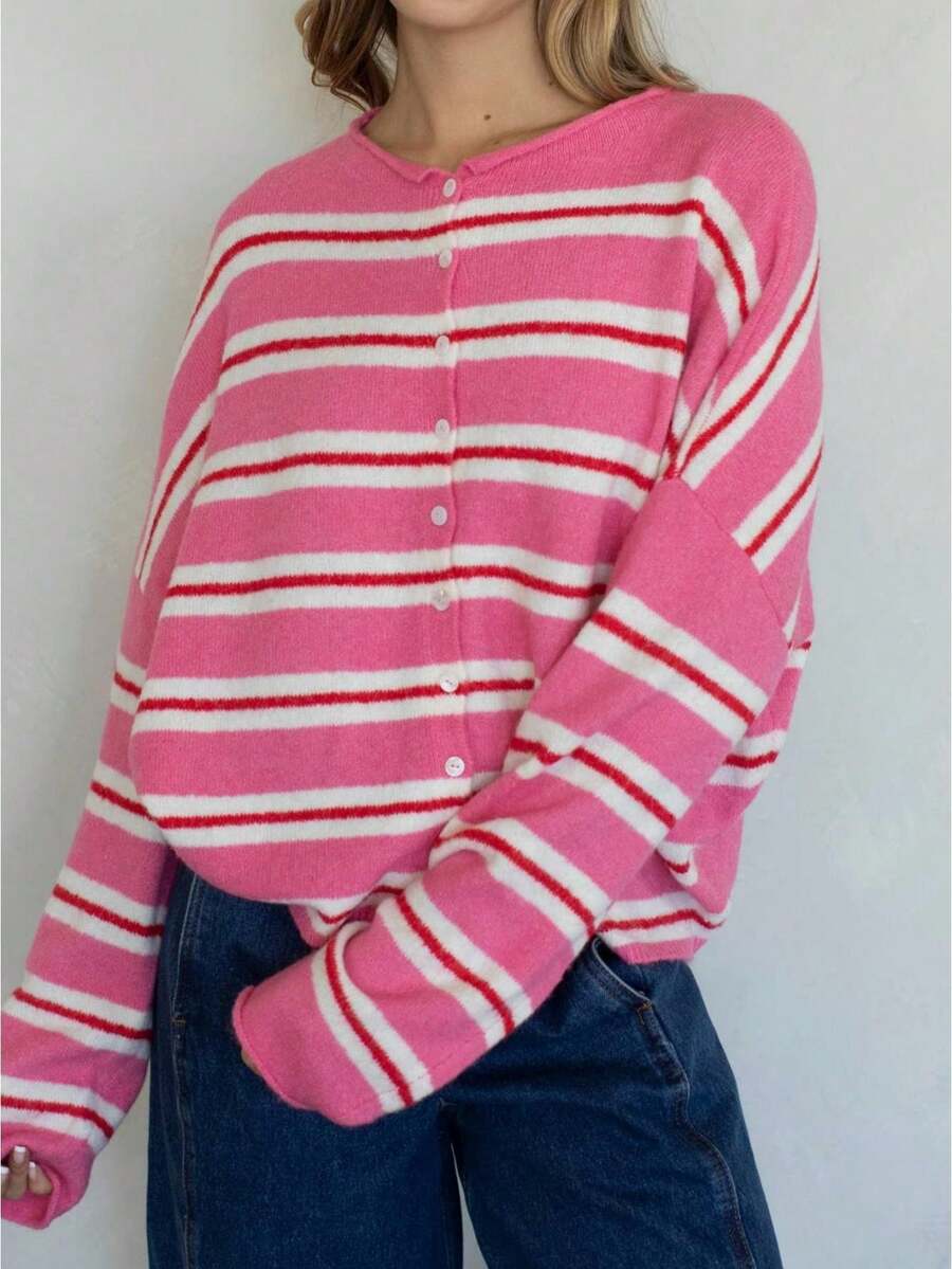 Women's Red And White Striped Button Up Tops Long Sleeve Crew Neck Sweater Casual Fall Pullover Shirts Fashionable Cardigans For Spring Fall Daily Wear - Pink - View 1