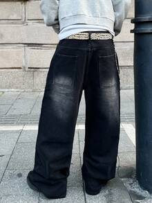 1pc Casual Loose Fit Embroidered Wide Leg Jeans, American Street Style, Comfortable Cotton Denim Pants, No Belt & Accessories - 黑色 - 查看 9