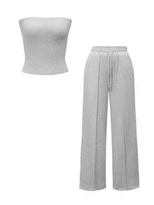 Vaiaye 两件套秋季套装，包括修身性感露肩短款上衣和弹力纯色修身瑜伽抹胸上衣，以及春夏裤装。 - 花灰色 - 查看 3