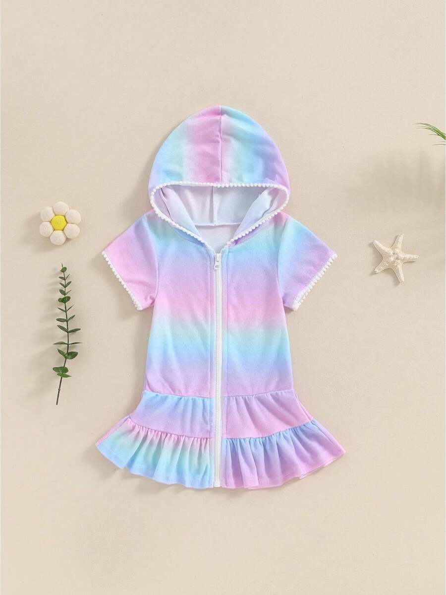 Kids Toddler Little Girl Cover Up Swimwear Towel Terry Swimsuit Wraps Zip Up Short Sleeve Ruffle Bathing Suit Hooded Robe Pool Beach Cover-Up Swimwear - 彩色 - 查看 1