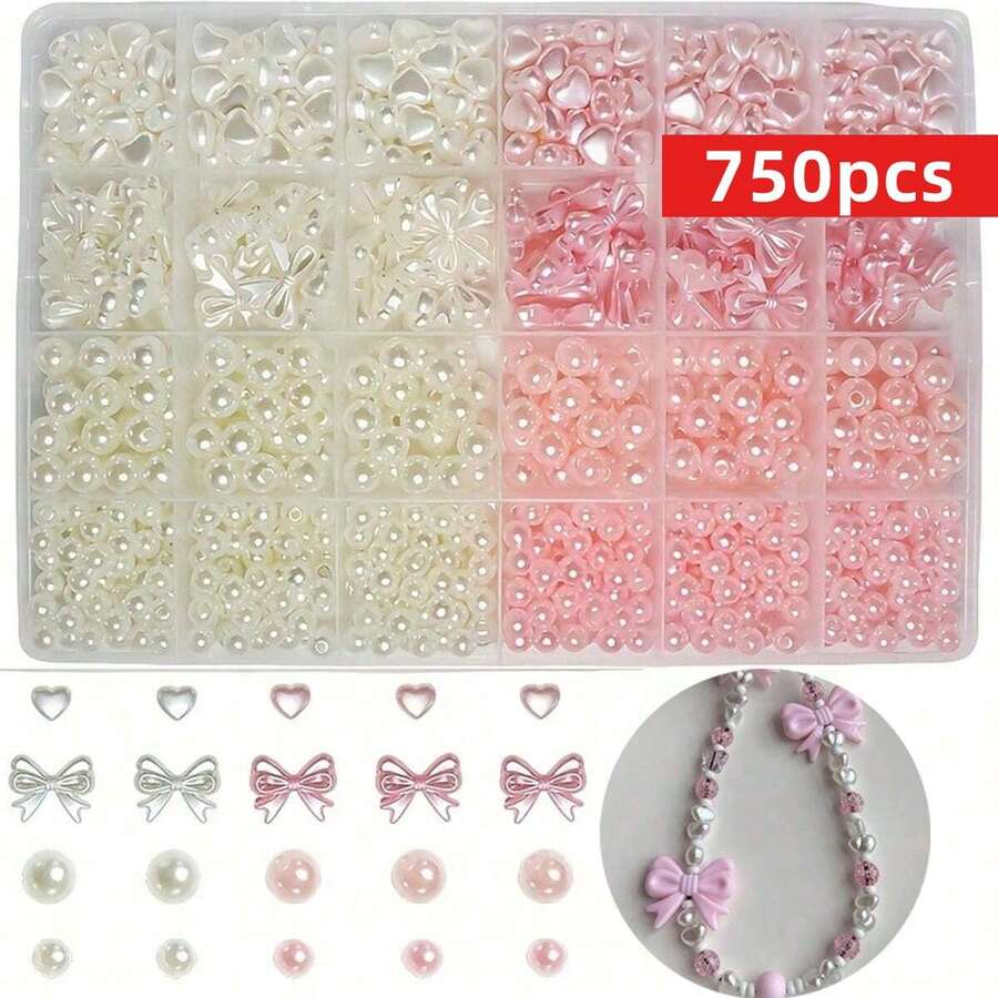 Yiwu Qiyou Accessories Co., LTD 750颗白色心形蝴蝶结亚克力珠,尺寸6-20mm,适用于DIY珠宝手链、手机吊坠和工艺装饰 - 粉色 - 查看 1
