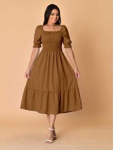 Plain Crepe Midi Dress With Elasticated Short Sleeves. - Mocha Brown - View 1