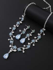 3件套波西米亚风花卉水晶锁骨链，优雅合金项链套装，新娘婚礼首饰 - 淺藍色 - 查看 4