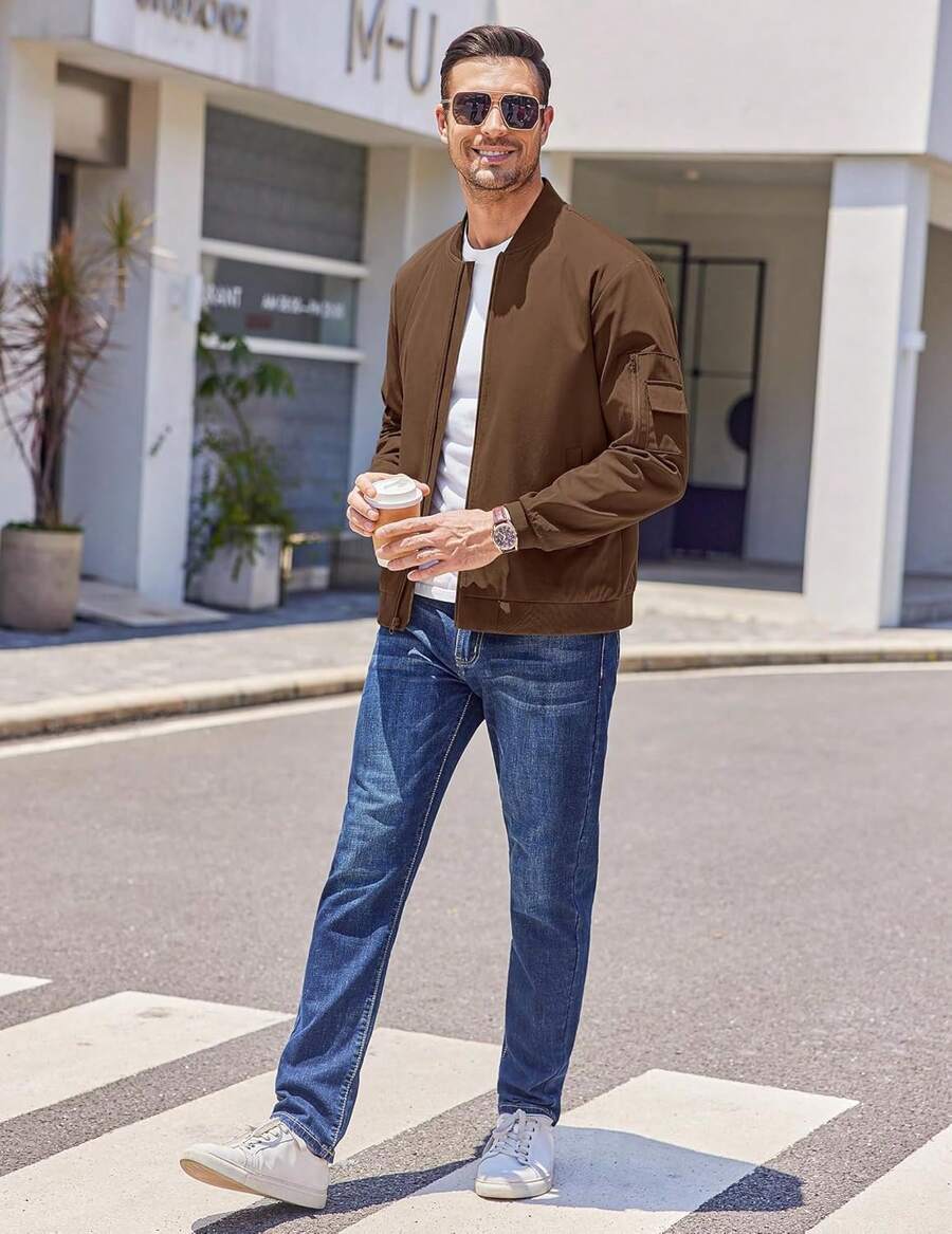 - chamarra ligera para hombre, estilo casual, rompevientos con cierre, para exteriores - Caqui claro - Ver 1