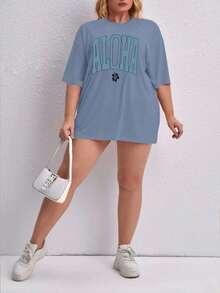 Oversized Printed Aloha Flower T-Shirt, Summer/Spring Short Sleeve Blouse, Lightweight Gym Wear - Baby Blue - View 4