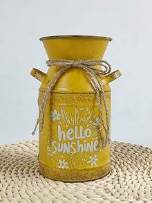 Turmeric-Colored Metal Decorated Milk Jar Vase, Vintage Distressed Iron With Jute Rope Tie, Printed With "Hello Sunshine" Text And Floral Pattern, Brings Fresh And Vibrant Atmosphere. Can Be Used As A Vase For Spring Branches And Dried Flowers, Or As A Storage Jar, Suitable For Desk, Windowsill Decor, Spring Home And Store Display. - Yellow Double-handled Milk Jug - View 11