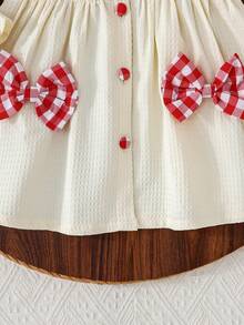 女婴红白格子蝴蝶结装饰连衣裙+发带，甜心领，休闲日常装 - 杏色 - 查看 5