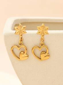 1pair Western Vintage18k Gold Plated Stainless Steel Heart Shaped Piercings Valentines Earrings Jewelry Women ,Dangle Stud Earrings Women ,Valentine's Day ,Wedding ,Mother's Day, Gifts For Women,Mon Suitable For Wear With Daily Outfits And Mardi Gras Party Accessories - Gold - View 5