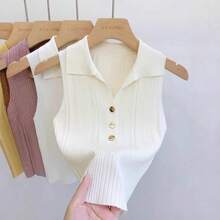 1pc French Style Women Faux Collar With Metal Buckle, Knitted Sleeveless Short Crop Top Undershirt Outerwear Detachable Collar