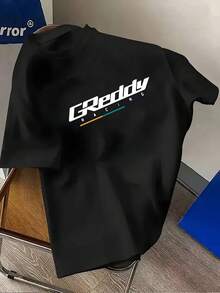 [Sporty T-Shirt]GREDDY RACING Men'S Casual Graphic T-Shirt - Speed Semiotics Print Tee With Bold Lettering & Colorful Stripes, Polyester, Round Neck, Regular Fit, Machine Washable, Summer Streetwear For Motorsport Enthusiasts, Race Car Shirt, Comfortable Fit TeeRelaxed Plus Size T-Shirt - 黑色 - 查看 1