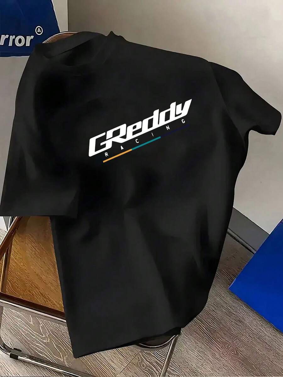 [Sporty T-Shirt]GREDDY RACING Men'S Casual Graphic T-Shirt - Speed Semiotics Print Tee With Bold Lettering & Colorful Stripes, Polyester, Round Neck, Regular Fit, Machine Washable, Summer Streetwear For Motorsport Enthusiasts, Race Car Shirt, Comfortable Fit TeeRelaxed Plus Size T-Shirt - 黑色 - 查看 1