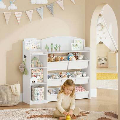 Hzuaneri Children's Bookshelf, Wooden Bookshelf, Toy Shelf With 8 Non-Woven Fabric Boxes For Children's Room, Living Room, Office, White, 30 X 110 X 104 Cm