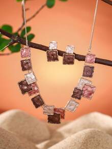 Cring Coco 2 Ohrringe + 1 Halskette, 3-teiliges Modeschmuckset für Frauen, geometrischer Rautenkettenstil, einstellbar, beliebte Farbe Khaki, elegant, sexy, Zinklegierung mit dünner Emaillierung, Bohemien-Stil, für Alltag, Party, Urlaub, Valentinstag, Muttertag, Weihnachten, als Geschenk - Braun - Übersicht 10