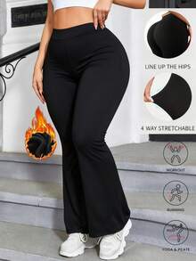 大码女式秋冬喇叭裤，高腰加厚保暖修身打底裤，黑色显瘦瑜伽裤，柔软舒适时尚休闲裤 - 黑色 - 查看 2