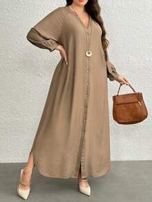 Plus Size Women V-Neck Button Front Belted Woven Midi Dress, Long Sleeve - Camel - View 3