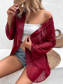 EARO 春季休闲纯色喇叭袖轻薄透视外套 - 酒紅色 - 查看 5