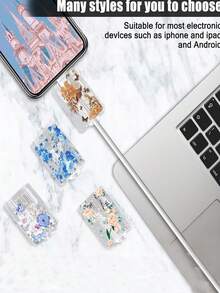 Floral Print Transparent Data Cable Protector, Anti-Bending - Blue - View 4