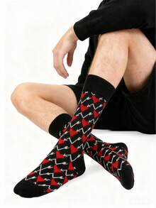 1/2 Pair Arrow & Heart Pattern Socks, Black & Red, Fashion Versatile Casual Unisex Mid-Calf Socks For Couples - Multicolor - View 3
