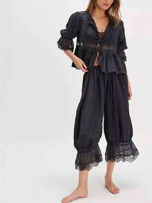 Womens Cropped Pants, Loose Mid Rise Patchwork Lace Lantern Trousers, Casual Streetwear Fashion Pants For Spring Summer Daily Wear - Black - View 3