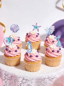 24pcs/12pcs/6pcs/Pack Mermaid Cupcake Toppers - Glitter Mermaid Birthday Decorations Under The Sea Cake Toppers Birthday Party Cake Decorations For Girls Kids Baby Shower,Baby Shower Party Decorations,Party Supplies - Multicolor - View 3