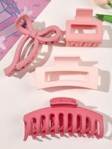 4个ABS材质可爱简约粉色蝴蝶结爪形发夹套装，百搭女孩秋冬发饰时尚爪夹优雅发爪 - 4件組-玫粉色系 - 查看 4