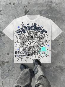 Spider With Web And Slogan,(100% Cotton 220g T-Shirt) New Y2K Special Custom Classic Men's Crew Neck Short Sleeve Street Style Unisex T-Shirt, Suitable For Vacations And Travel. - 白色 - 查看 1
