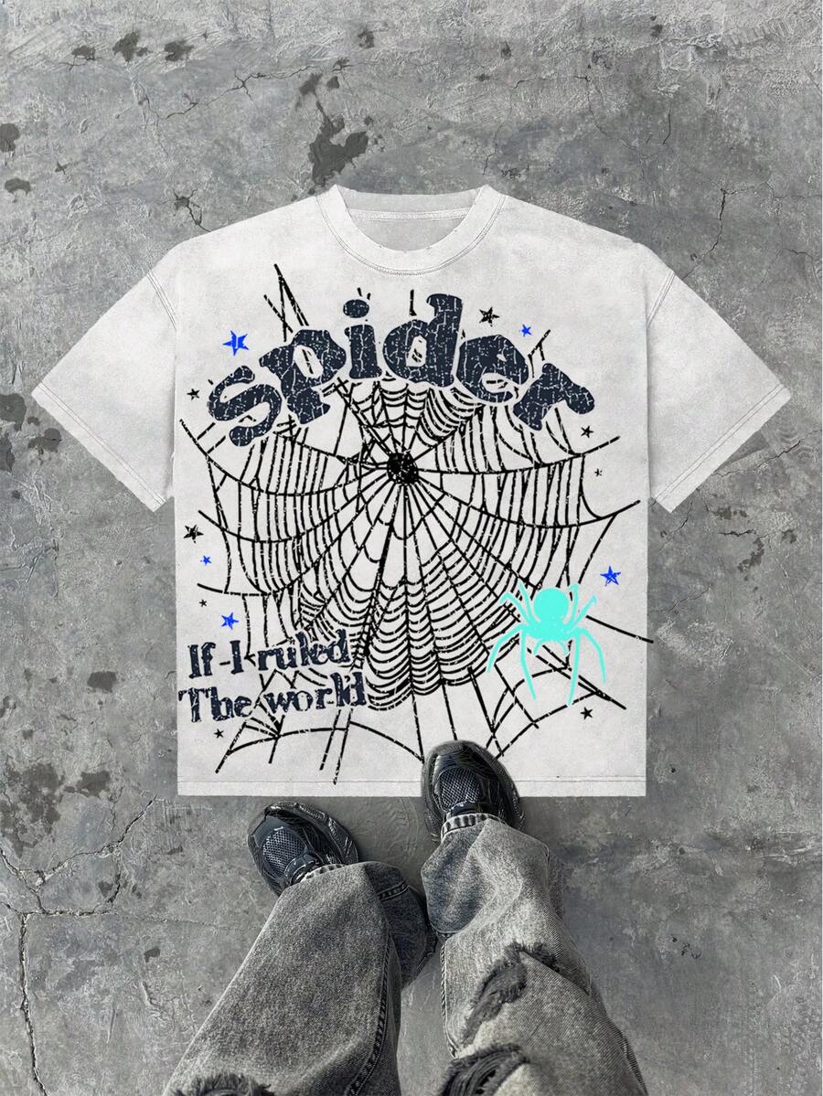 Spider With Web And Slogan,(100% Cotton 220g T-Shirt) New Y2K Special Custom Classic Men's Crew Neck Short Sleeve Street Style Unisex T-Shirt, Suitable For Vacations And Travel. - 白色 - 查看 1